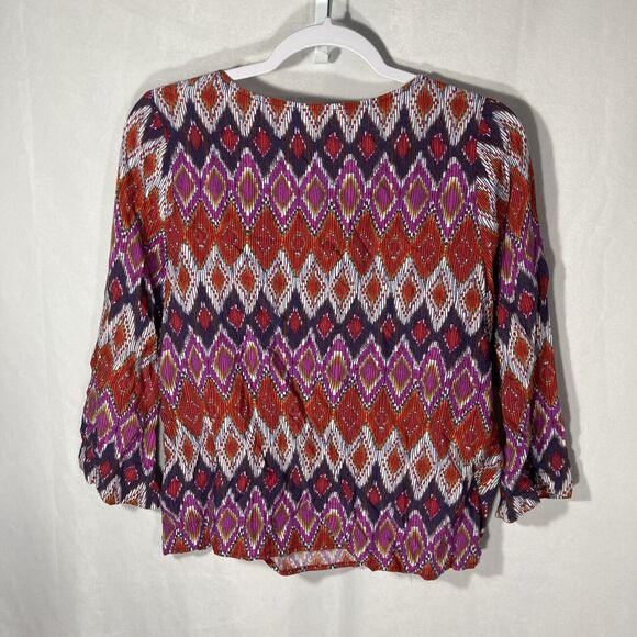 1-6 ARIAT multicolor geometric 3/4 sleeves rayon top S - Picture 7 of 8